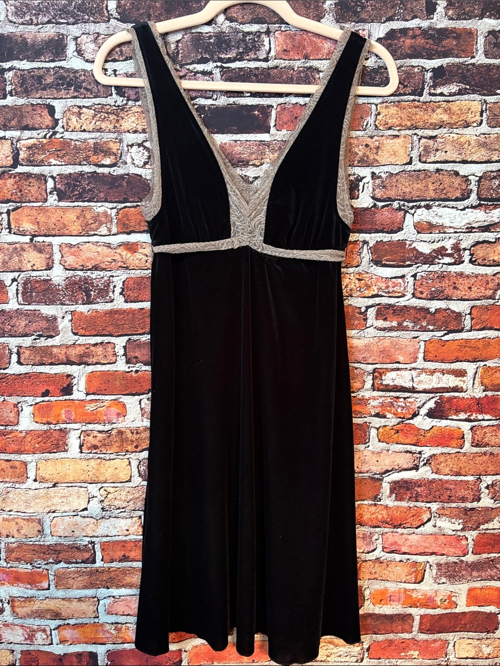 Vintage Free People Black Velvet Babydoll Midi Dress Taupe Lace Trim Medium